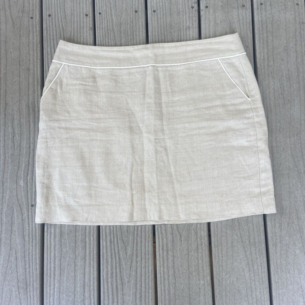 LOFT Linen Skirt Womens 16 Beige White Piped A Line Mini Coastal Quiet Luxury